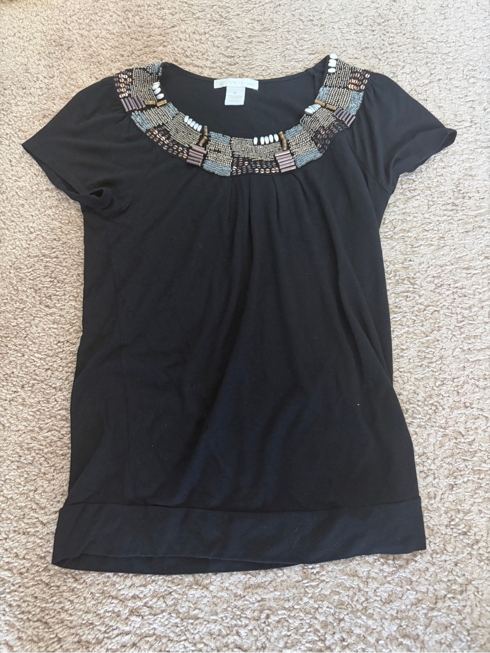 Design History Black Short Sleeve Top with Beaded Neckline
